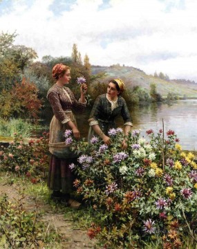 Flores Painting - Las niñas campesinas en el jardín de flores compatriota Daniel Ridgway Knight